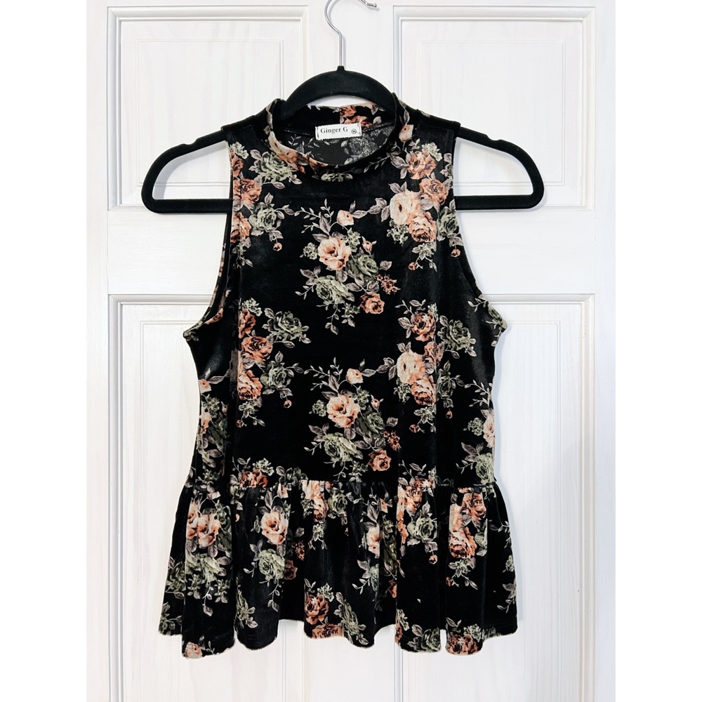 GUC | Ginger G Medium Mock Neck Peplum Tank | Black Velvet Floral Pattern